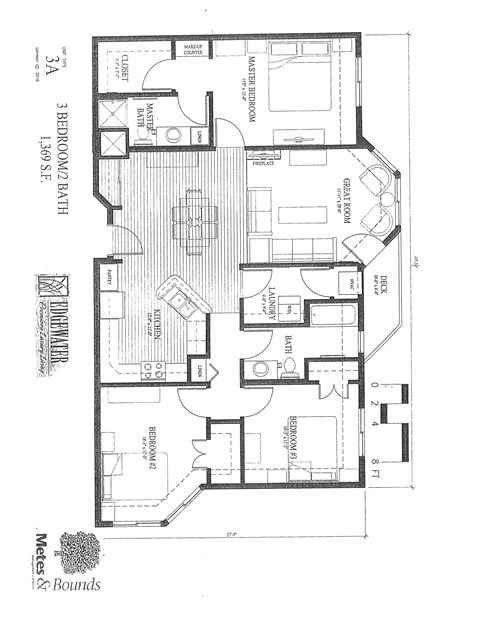 Floor plan for 3 beds, 2 baths, 1369 sqft